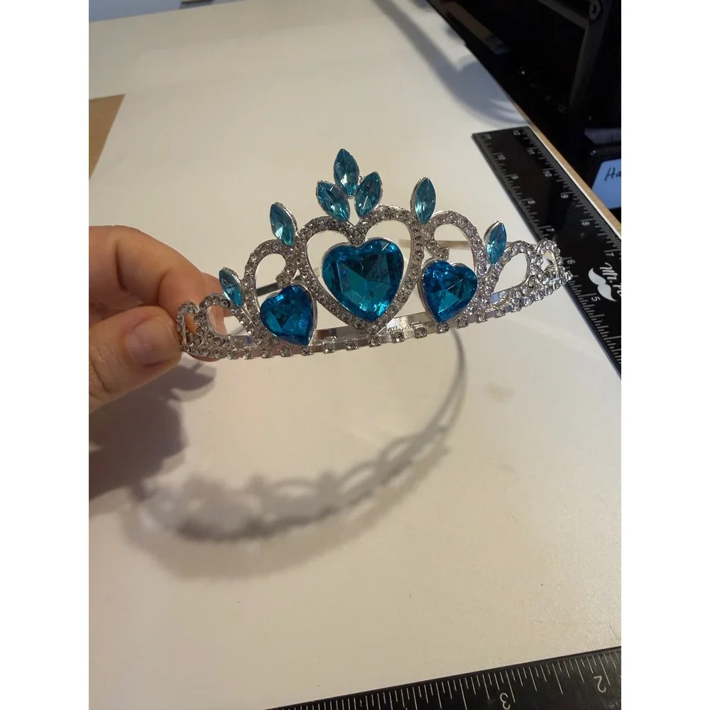 Blue Heart Rhinestone Tiara Headband Silver Tone Princess Costume Accessory